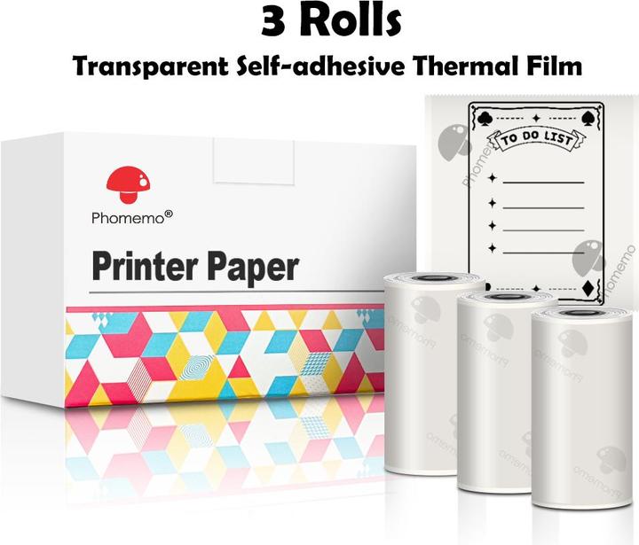 Produktbild Phomemo 3 Rollen selbstklebendes Thermo-Papier für T02, Transparent (hebt 20 Jahre)