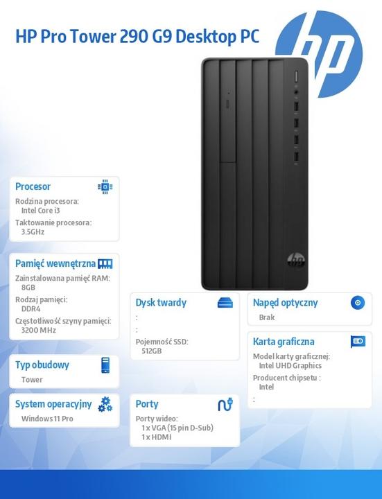 Actual product image HP Pro Tower 290 G9 i3-14100 8GB DDR4 3200 SSD512 UHD 730 W11Pro 3Y OnSite (512 GB, 8 GB, Intel Core i3-14100)