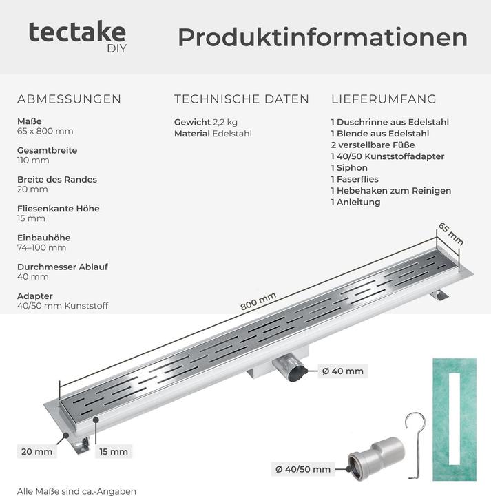 Immagine prodotto tectake Canale doccia (800 mm)