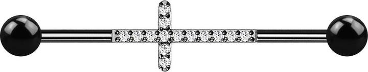 Actual product image Star Piercing Barbell schwarz mit zwei Kugeln Kreuz mit Kristallen silber (without brass, Titanium)