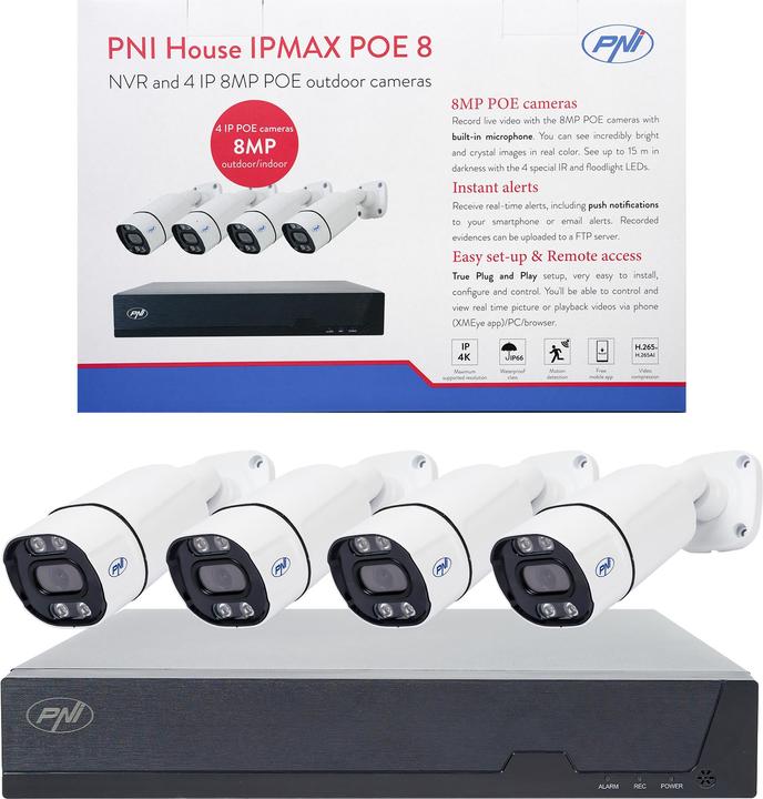 Actual product image PNI House IPMAX POE 8 video surveillance package, NVR with 4 POE ports and 4 8MP IP cameras, IP66