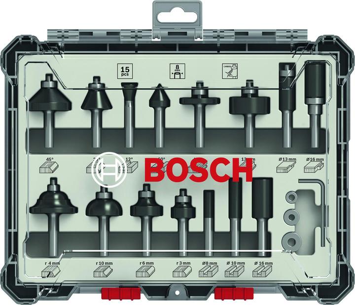 Bosch Professional Zubehör 15-piece milling cutter set, 8 mm shank for hand milling cutters