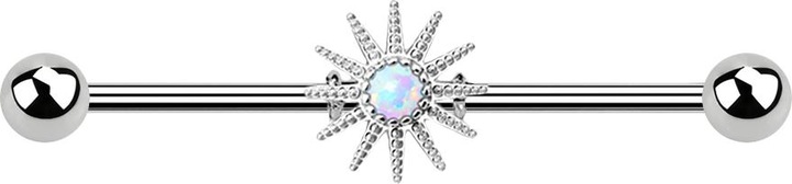 Immagine prodotto Star Piercing Barbell silber mit Sonnenstrahlen und Opal weiss (Ottone, Acciaio chirurgico 316L)