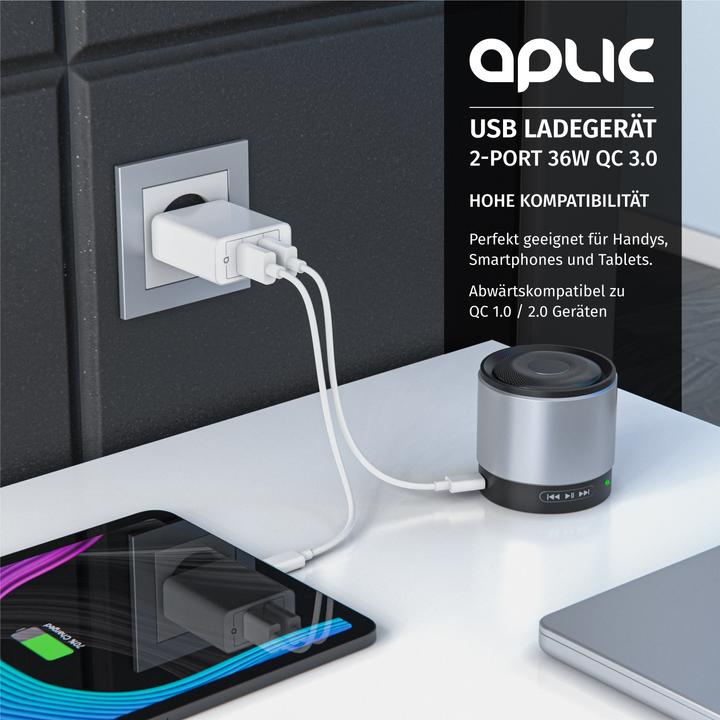 Actual product image Aplic USB charger, 2-port Quick Charge USB charger 36 W / 6000 mA / fast charging function, white (36 W, 2 ports)