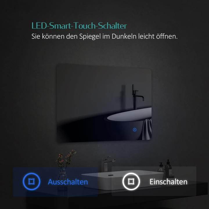 Produktbild Emke LED Badezimmerspiegel 80×60 cm, Kaltweiss 6500 K, Dimmbar, Touch-Schalter, für Badezimmer (80 x 60 x 3 cm)
