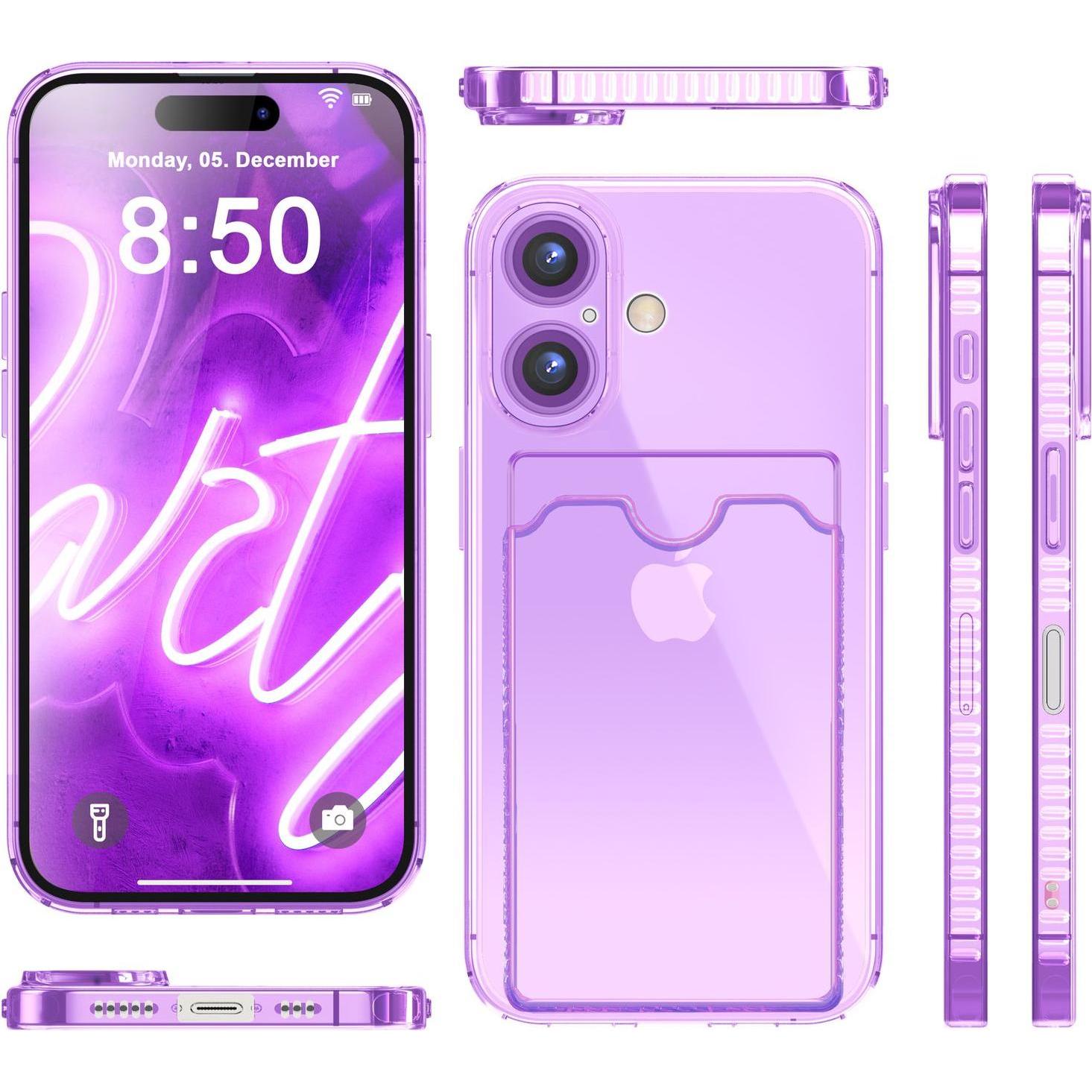 Thumbnail - Nalia Klar Transparente Neon Silikon Hülle Kartenhalter (Apple iPhone 16), Smartphone Hülle, Violett