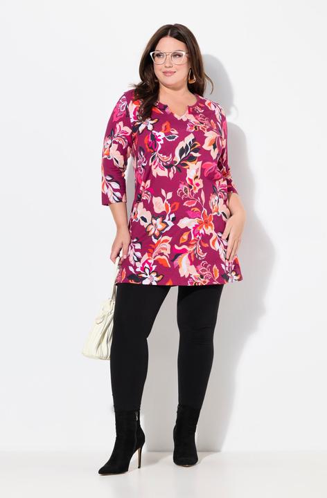Actual product image Ulla Popken Floral 3/4 Sleeve Notch Neck Knit Tunic (62)