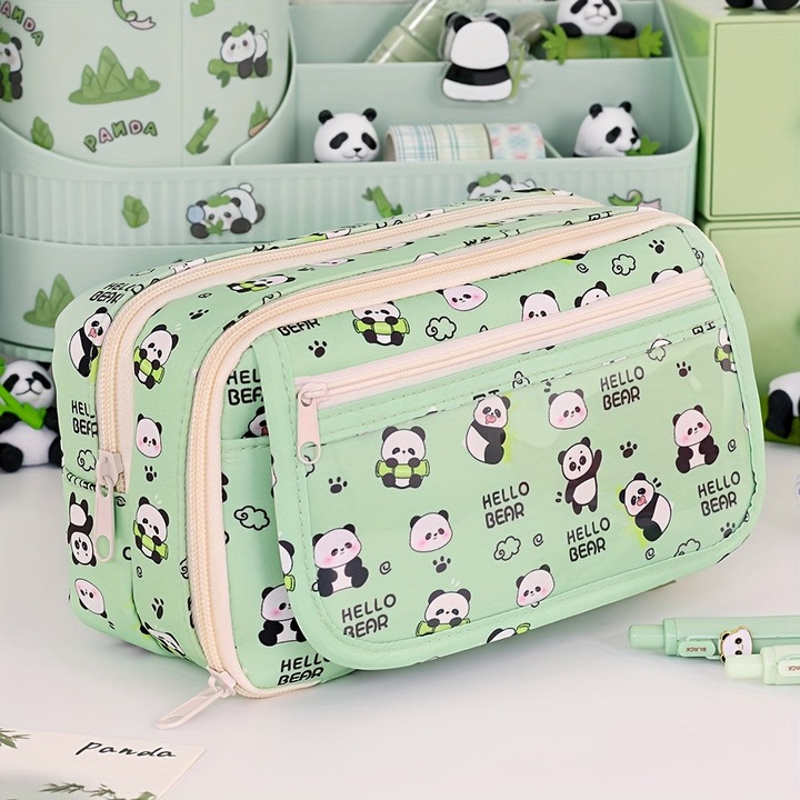 Image du produit Only-Bags.Store Geräumiges Federmäppchen mit Panda-Motiv - strapazierfähiges Oxford-Gewebe, mehrlagiger Organizer