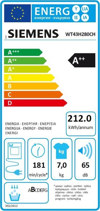 Energie-Label Siemens Wt43h280ch (7 kg, Rechts, CH-Stecker)