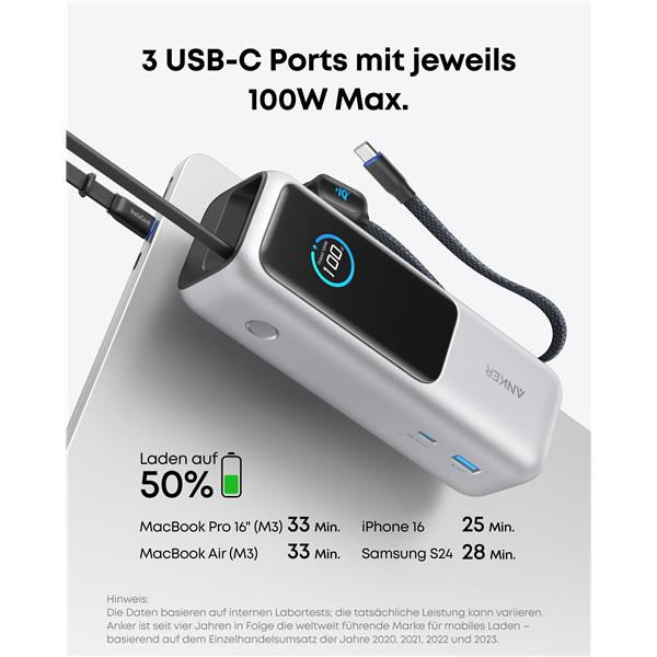 Actual product image Anker 165W, 3 x USB-C, 1 x USB-A Power Bank Silver (25000 mAh, 165 W)