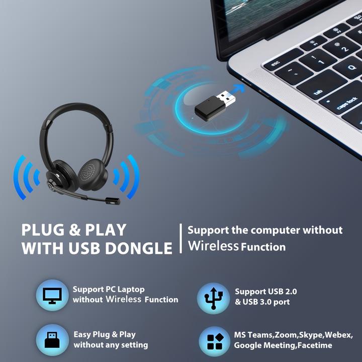 Produktbild PhoneLook Vonztek Kabelloser Noise-Cancelling Kopfhörer mit Mikrofon und Ladestation für Homeoffice und Videok (ANC, 28 h, Kabellos)