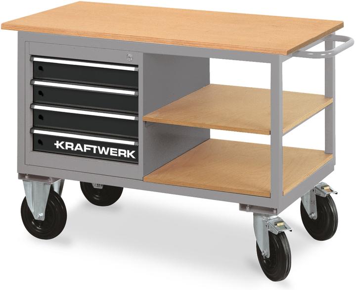 Kraftwerk Werkstattwagen mit 4 Schubladen und 2 Ablageböden, 835x1300x600 mm, 89 KG (60 cm, 130 cm)