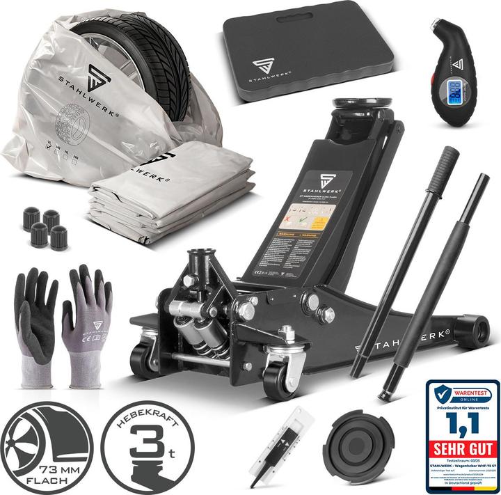 Produktbild Stahlwerk Hydraulischer Rangierwagenheber mit Druckprüfer Reifenprofilmesser Kniekissen Handschuhe