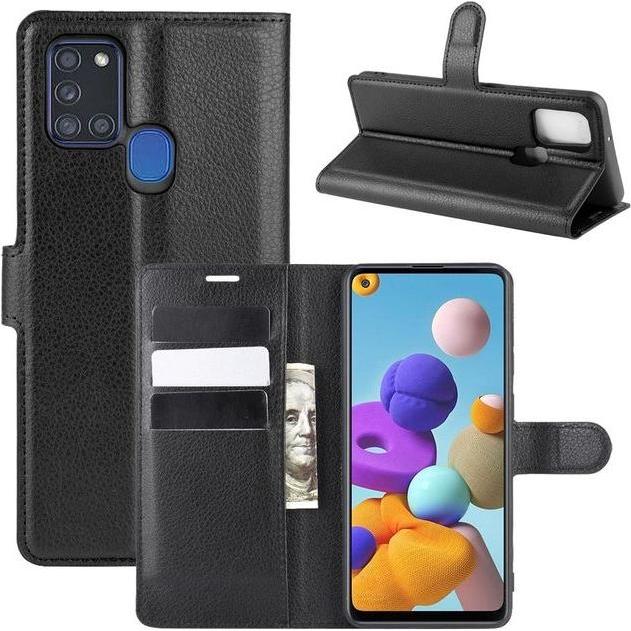 MU Classic Litchi Leder Bookcover Series (Samsung Galaxy A21s), Smartphone Hülle, Schwarz