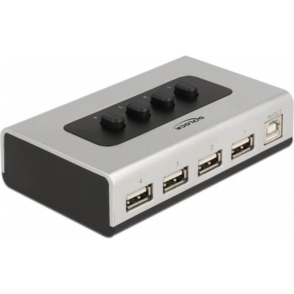 Delock Umschalter USB 2.0 mit 1 x Typ-B Buchse zu 4 x Typ-A Buchse manuell bidirektional (USB-A, 4 Ports), Dockingstatio...