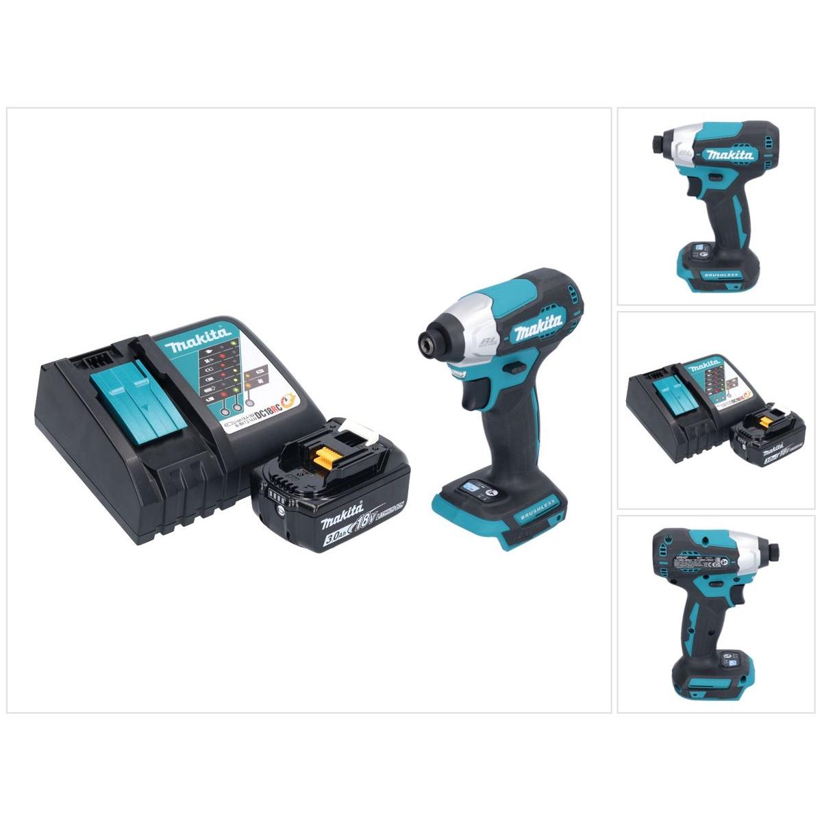 Makita, Bohrmaschine + Akkuschrauber, DTD 157 RF1 Akku Schlagschrauber 18 V 140 Nm 1/4" Brushless + 1x Akku 3,0 Ah + Lad...