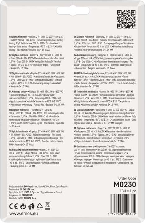 Valeurs nutritives et ingrédients Emos Multimètre MD-230