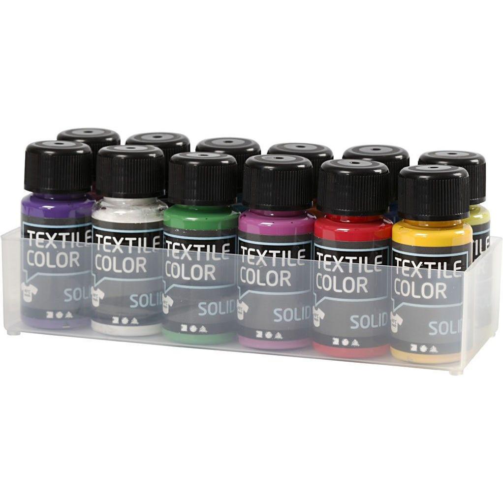 Thumbnail - Creativ Company, Künstlerfarbe + Bastelfarbe, Dekkende Textielverf - Set van 12 Kleuren, 50ml (Sortierte Farben, 50 ml)