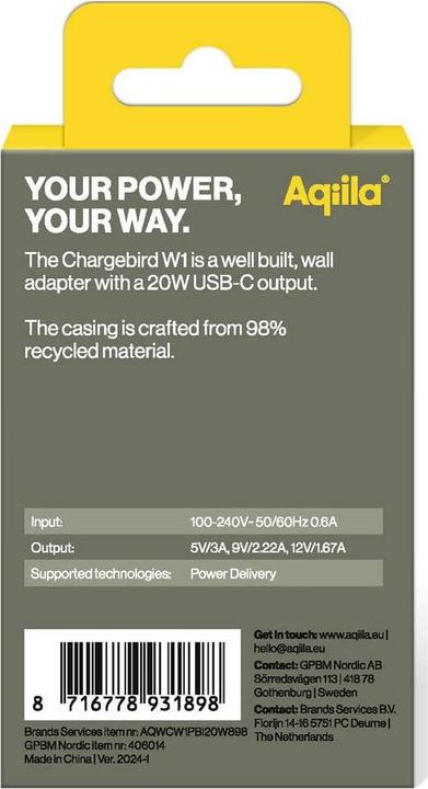 Productafbeelding Aqiila Chargebird W1 - Wandlader, 20W PD - Wit (20 W, 1 portie)