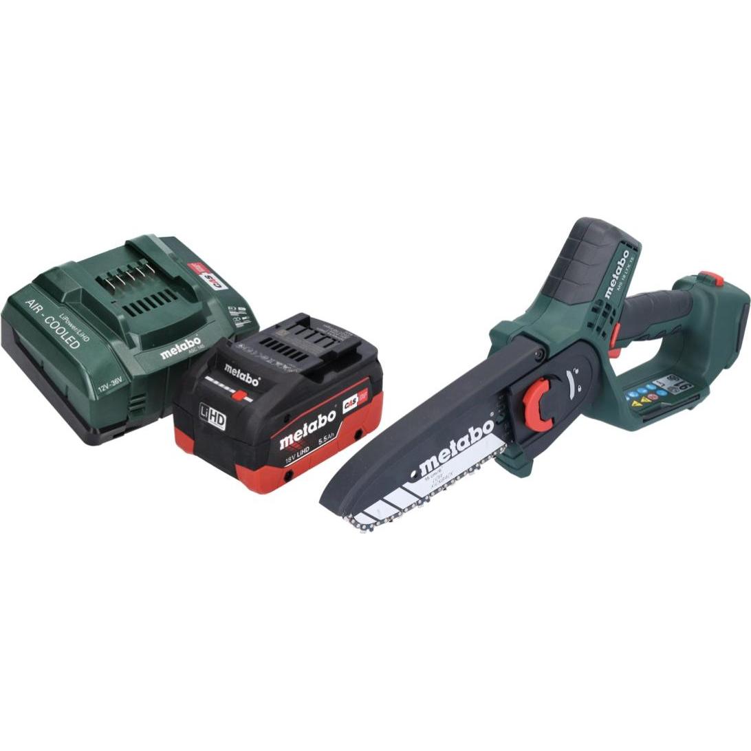 Metabo, Kettensäge, MS 18 LTX 15 Akku Gehölzsäge 18 V 15 cm 5 m/s + 1x Akku 5,5 Ah + Ladegerät (Akku Kettensäge)