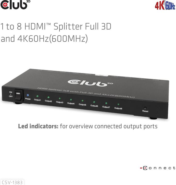 Actual product image Club 3D Club3D HDMI Splitter 1 input -> 8 outputs 4K60Hz UHD retail
