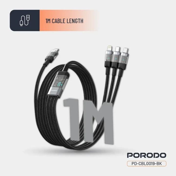 Image du produit Porodo 4-IN-1 Digital-Display Schnellladung 1m Kabel TypC auf C+L+M 66W - Schwarz (1 m, USB 2.0, 60 W)