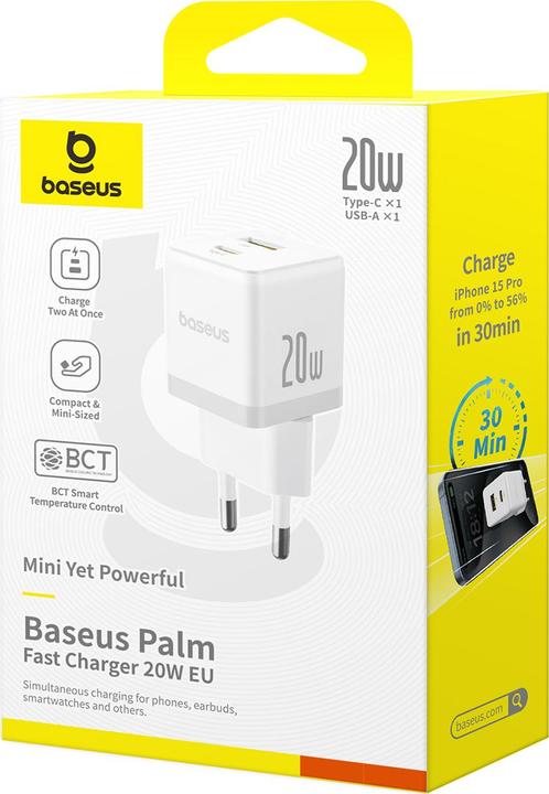 Produktbild Baseus - Wall Charger Palm (CCZC20UE) - 2in1 Fast Charger, USB, Type-C, 20W, 5V/3A - Moon White (20 W, 2 Ports)