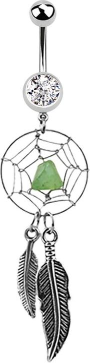 Produktbild Star Piercing Banane silber mit Anhänger Traumfänger und zwei Federn silber Stein grün (Chirurgenstahl 316L, ohne Messing)