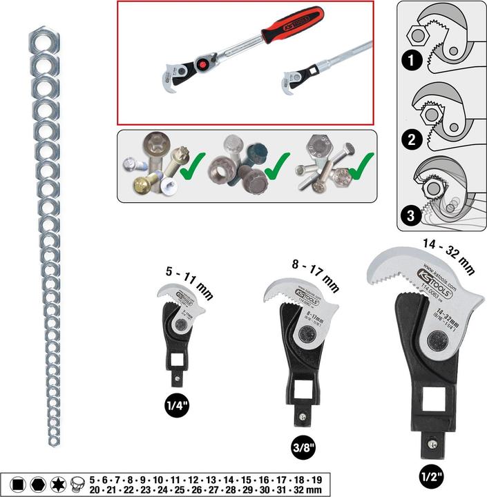Produktbild KS Tools 1/4″ + 3/8″ + 1/2″ Multifunktions-Schlüssel-Satz, 3-tlg (10  mm, 11 mm, 12 mm, 13 mm, 14 mm, 15 mm, 16 mm, 17 mm, 18 mm, 19 mm, 20 mm, 21 mm, 22 mm, 23 mm, 24 mm, 25 mm, 26 mm, 27 mm, 28 mm, 29 mm, 30 mm, 31 mm, 32 mm, 5 mm, 6 mm, 7 mm, 8 mm, 9 mm)