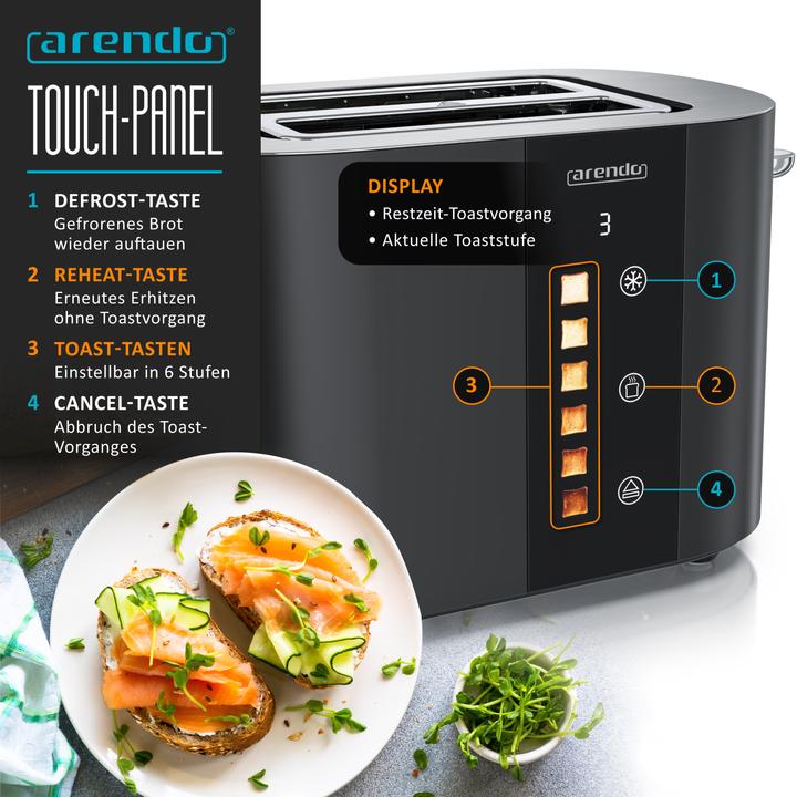 Produktbild Arendo Toaster Edelstahl 2 Scheiben Kurzschlitz, Touch Display, Bräunungsgrad & Restzeitanzeige, 800 W