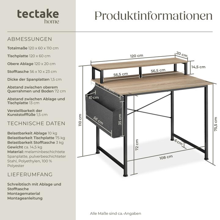 Produktbild tectake Schreibtisch mit Ablage und Stofftasche (120 x 60 x 110 cm)