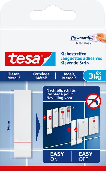 tesa Powerstrips für Fliesen & Metall, 3kg Halteleistung, 6x doppelseitige Klebestreifen