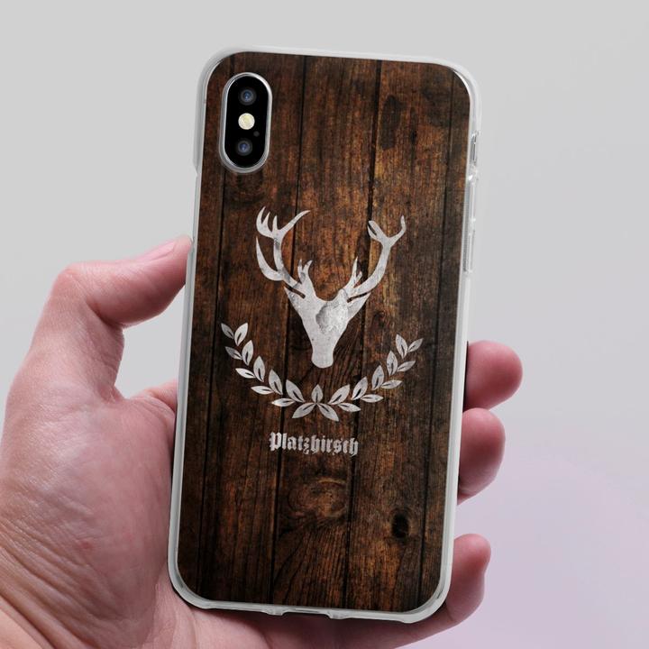 Produktbild DeinDesign Silikon Hülle für Apple iPhone X Handyhülle Case Smartphone Schutzhülle Hirsch Holz Holzoptik (Apple iPhone X)