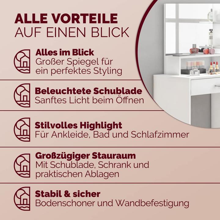 Immagine prodotto Casaria Schminktisch mit Hocker (90 x 40 x 140 cm)