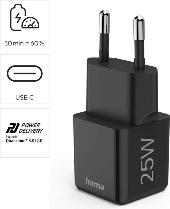 Produktbild Hama Schnellladegerät, USB-C, PD/Qualcomm®, Super-Mini-Charger, 25 W, Schwarz (25 W, 1 Port)