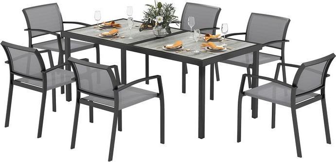 Swisshandel24 7 tlg. Essgruppe für 6 Personen, Stühle stapelbar, Stahlgestell, Grau (87 cm)