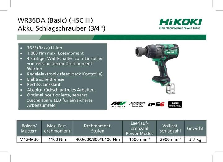 Actual product image Hikoki Impact wrench 36V (Rechargeable battery operated)