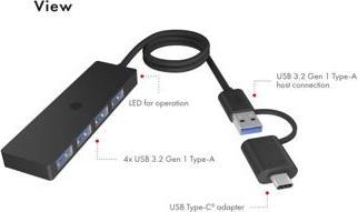 Immagine prodotto Icy Box Docking station multiporta compatta, hub USB ad alta velocità, IB-HUB1424-C3 (USB-A, USB-C, 4 porte)