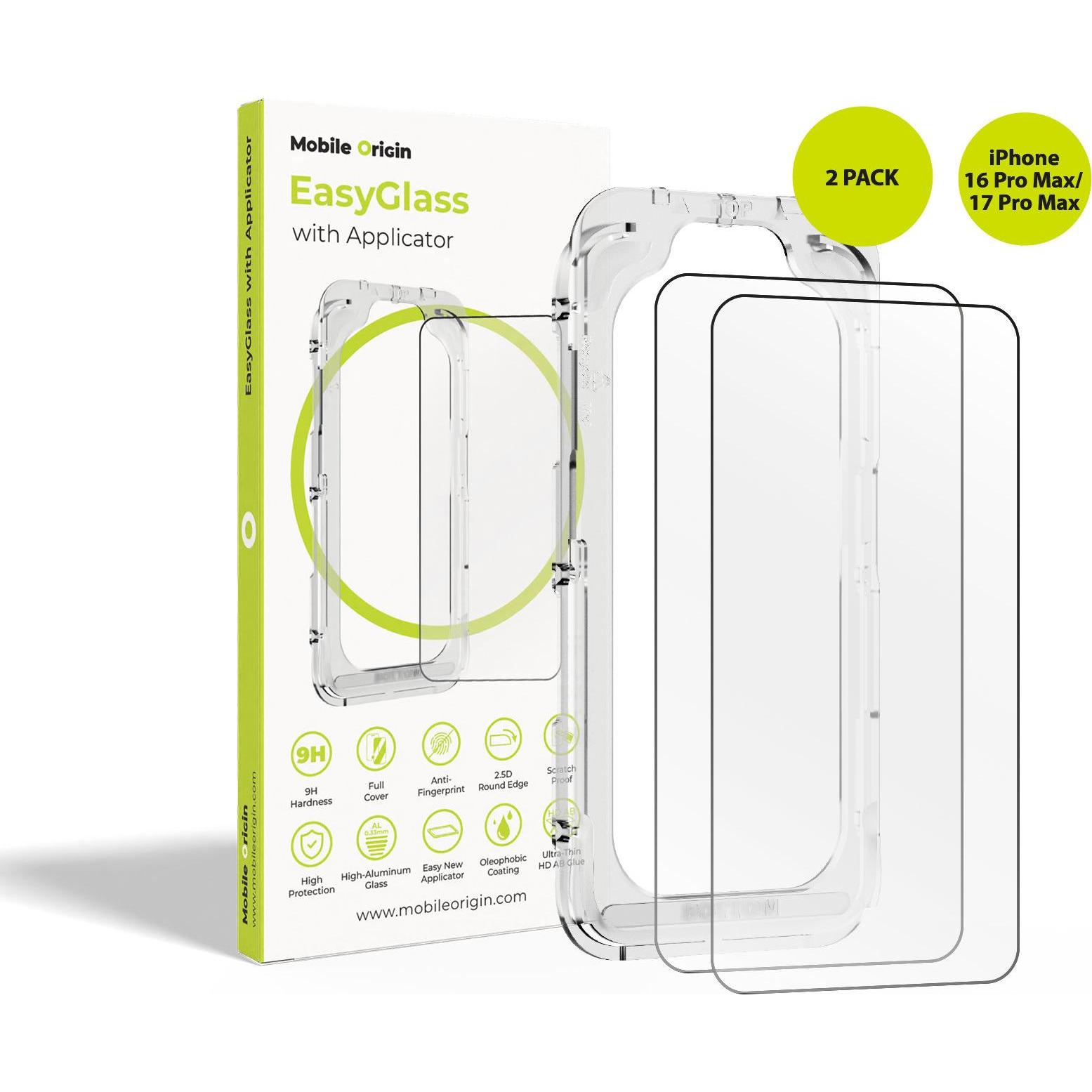 Mobile Origin EasyGlass with Applicator iPhone 16 Pro Max/17 Pro Max, 2 pack (2 pz., Apple iPhone 16 Pro Max, Apple iPhone 17 Pro Max), Pellicola prot