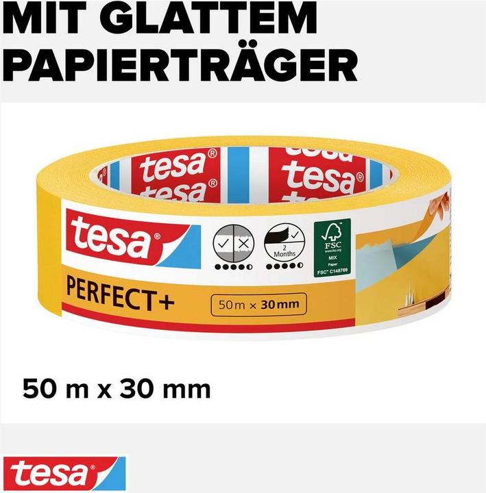 Produktbild tesa Malerkrepp Perfect+, Abdeckklebeband für präzises Abkleben im Innenbereich (30 mm)