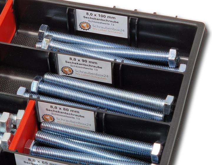 Produktbild Schraubenbox24 Sechskantschrauben Sortiment M8 60mm-100mm 65 tlg Schraubenbox DIN 933/ISO4017 (65 Schrauben pro Stück)