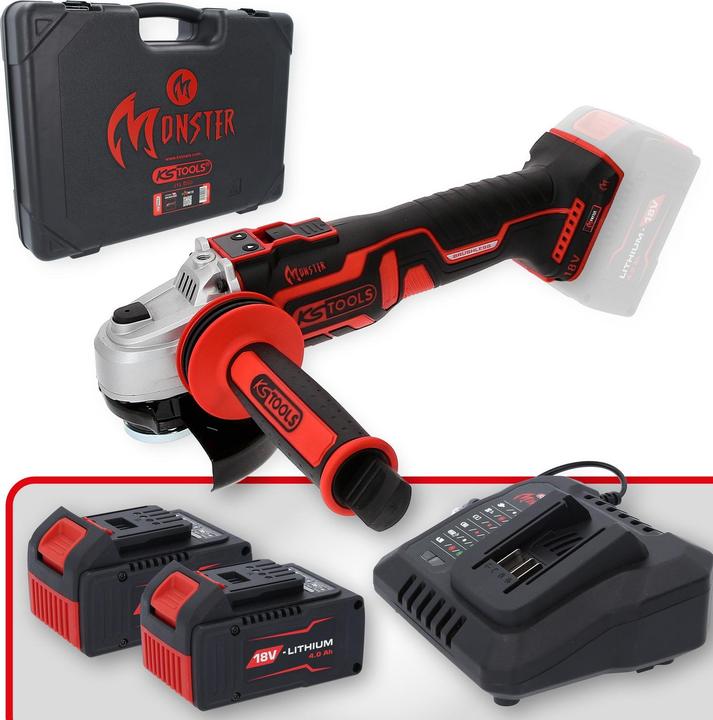 Produktbild KS Tools eMONSTER Brushless-Akku-Winkelschleifer-Satz, 4-tlg | 18 Volt, 2 Akkus und Ladegerät (125 mm)