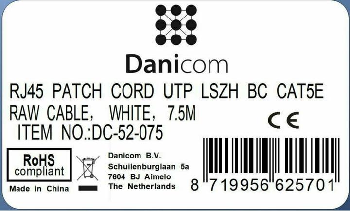 Produktbild Dsit CAT5e Netzwerkkabel, U/UTP, 7 meter, Weiss, 100% Kupfer (U/UTP, UTP, CAT5e, 7.50 m)