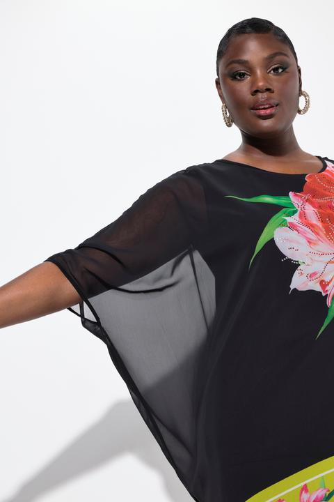Immagine prodotto Ulla Popken Blusa di chiffon a doppio strato con fiori brillanti, scollo rotondo e maniche a 3/4 (42, 44)