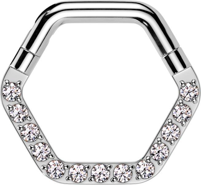 Produktbild Star Piercing Micro Segmentring klappbar silber Hexagon front Kristalle silber (Titan G23, ohne Messing)
