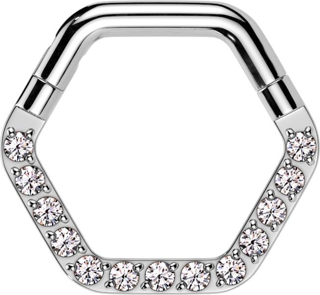 Actual product image Star Piercing Micro Segmentring klappbar silber Hexagon front Kristalle silber (Titanium G23, without brass)
