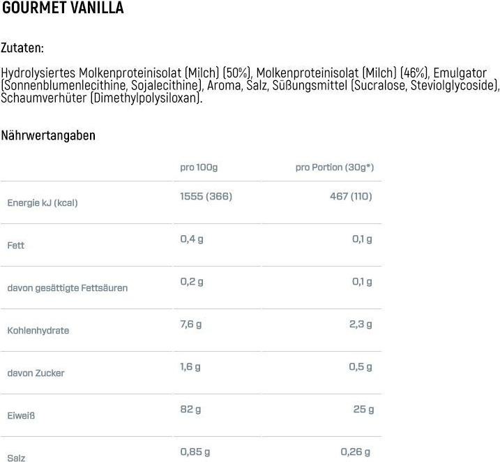 Nährwerte und Zutaten Dymatize ISO 100 Hydrolyzed (Vanille, 1 Stk., 2264 g)