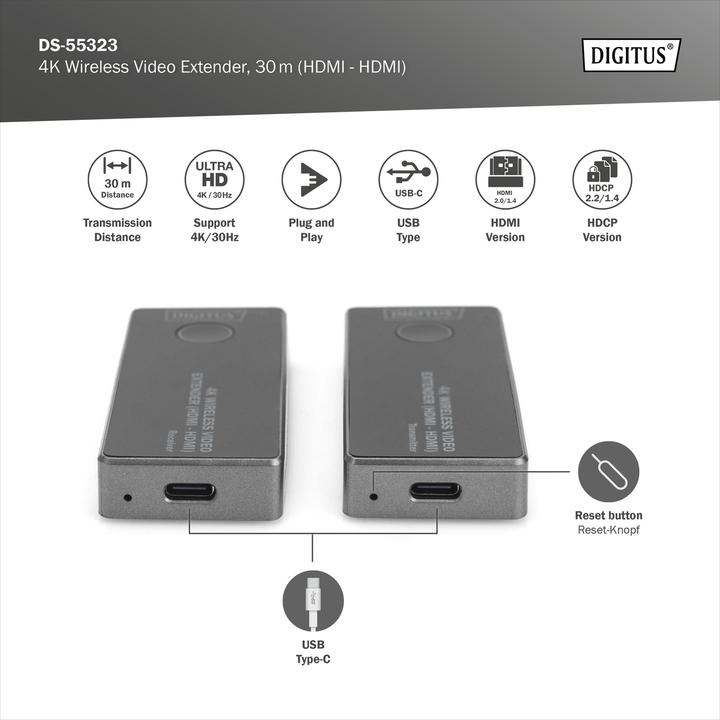 Image du produit Digitus Kit d'extension HDMI sans fil 4K (30 m, HDMI 2.0, HDCP)