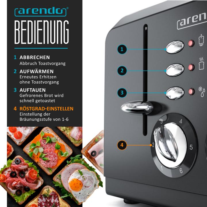 Produktbild Arendo Edelstahl Toaster 4 Scheiben, Automatik, Edelstahl, Wärmeisolierendes Doppelwandgehäuse, schwarz