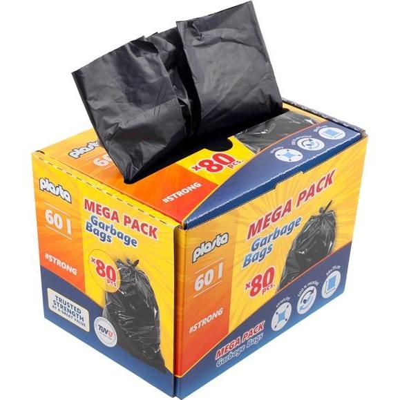 Staples Sacchetti per rifiuti Plasta Mega Pack 60l 80pz, Sacchetti spazzatura, Nero